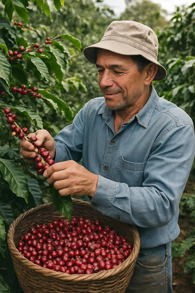Farmer harvesting coffee beans