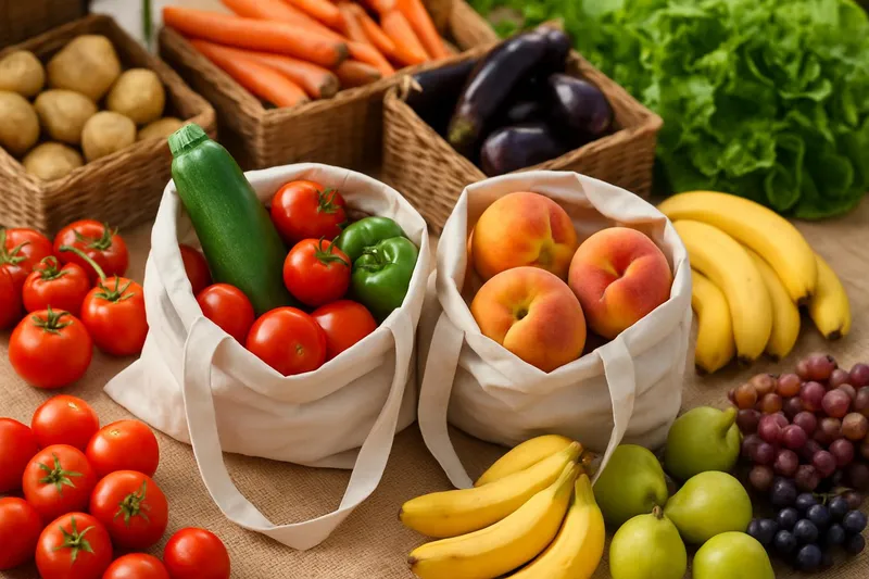 Farmer's market produce with cotton tote bags and fruit