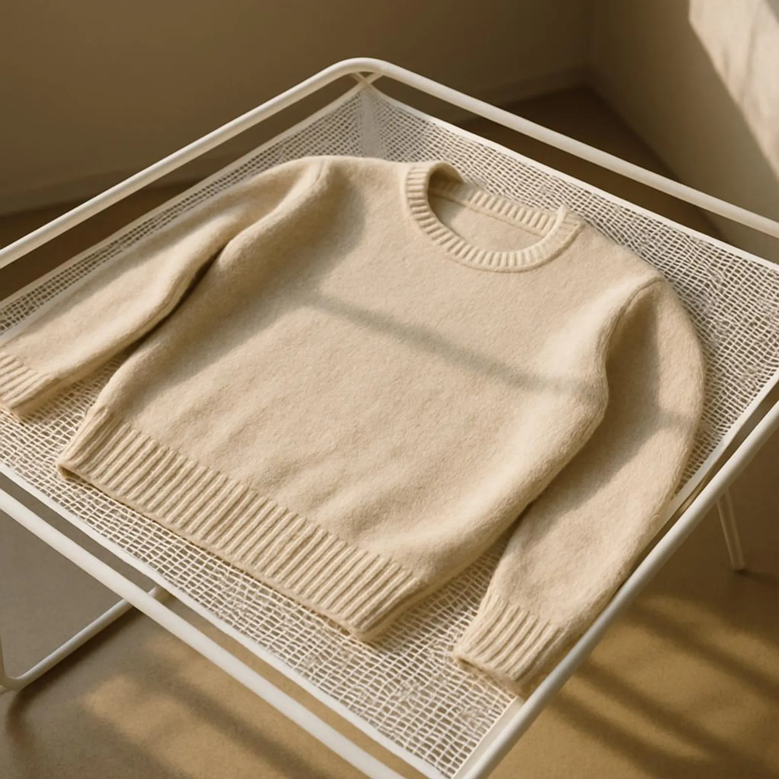 Flat-drying wool sweater on a mesh rack with gentle sunlight