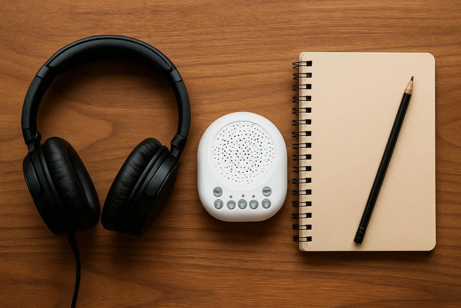 Flat lay of headphones, a small sound machine, and a notebook on a wooden desk