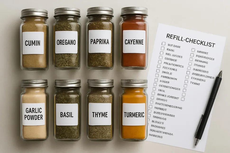 Flatlay of labeled spice jars, a pen, and a refill checklist