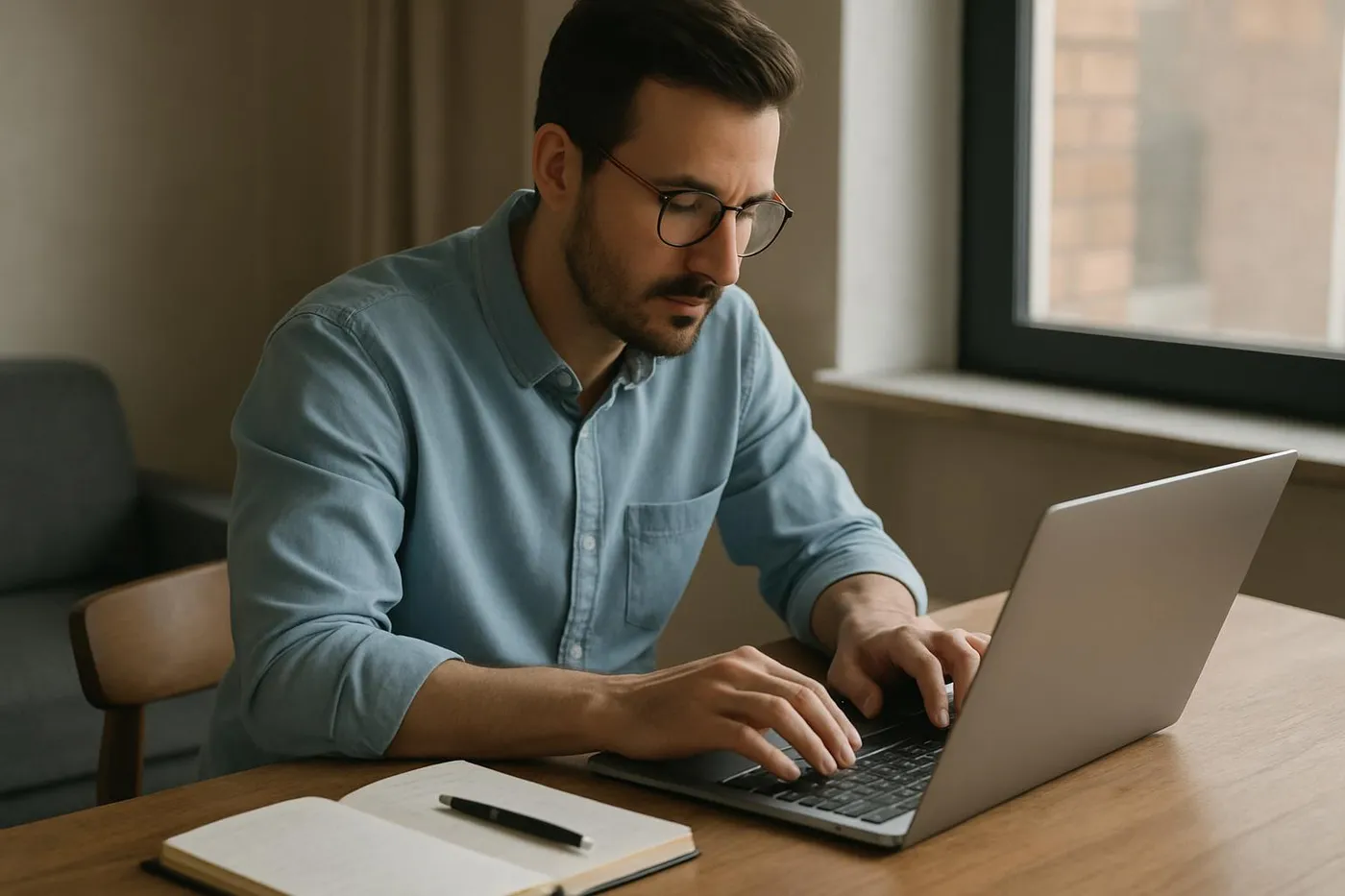 Focused person typing on a laptop with notes nearby