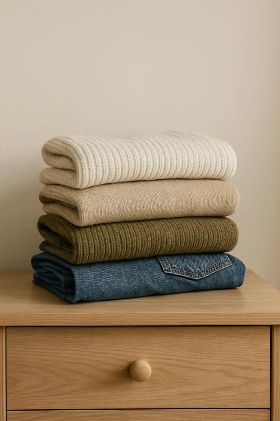Folded sustainable knits and denim on a dresser