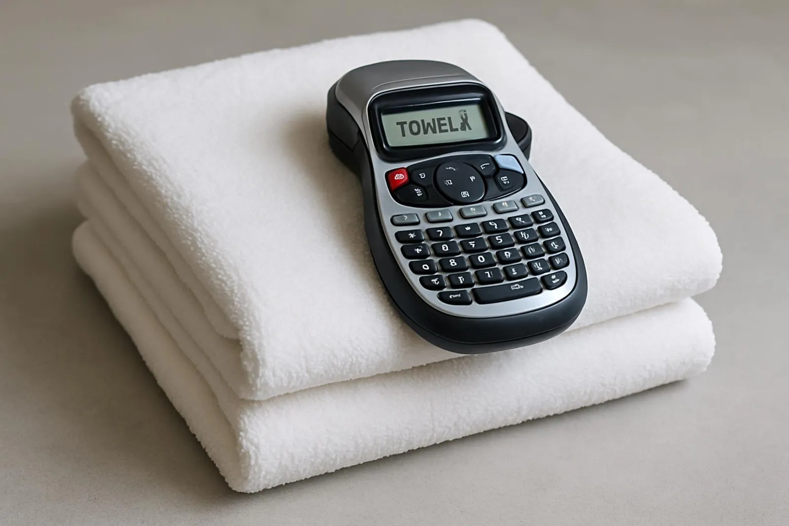 Folded white towels with a label maker on top