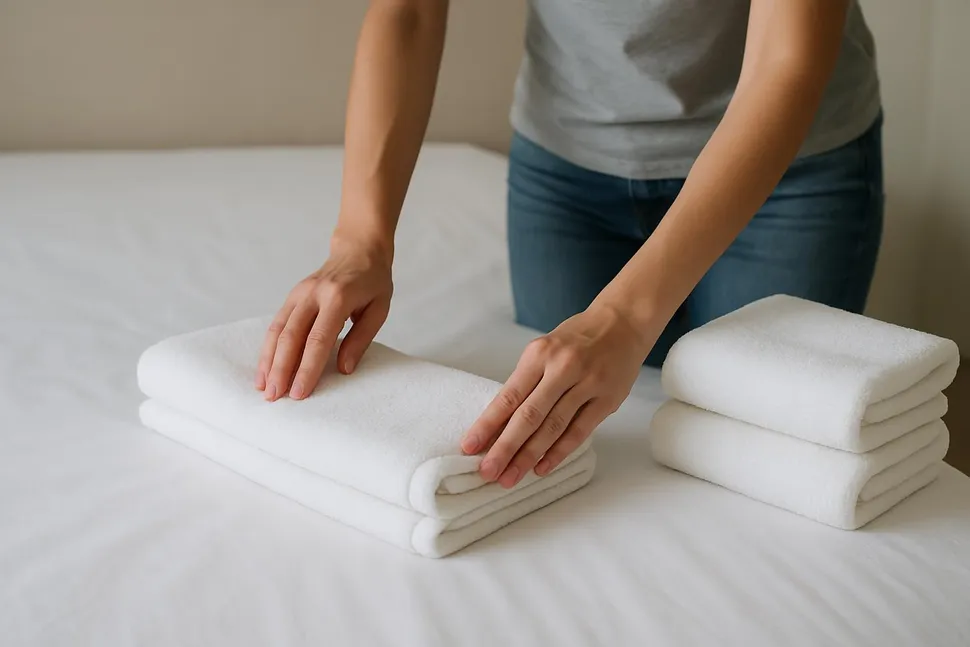Folding towels in thirds on a bed