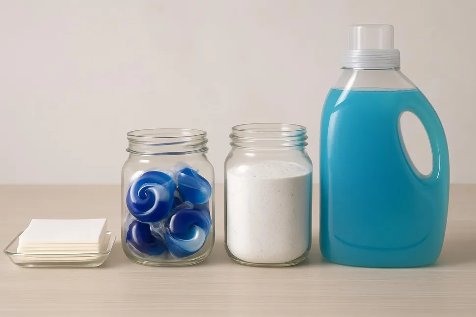 Four detergent formats lined up: sheets, pods, powder, and liquid in clear containers.