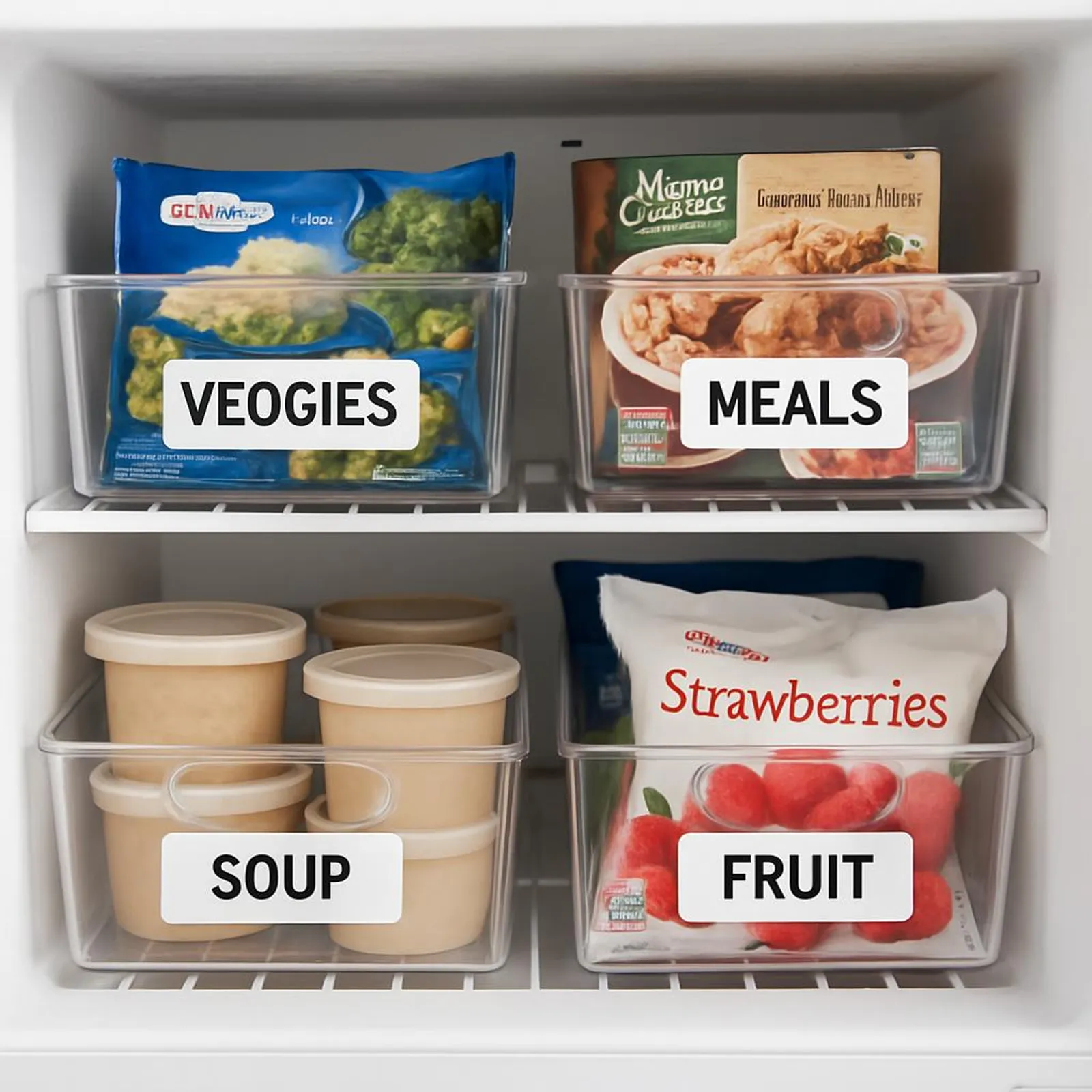 Freezer bins organized by category with clear labels on the front