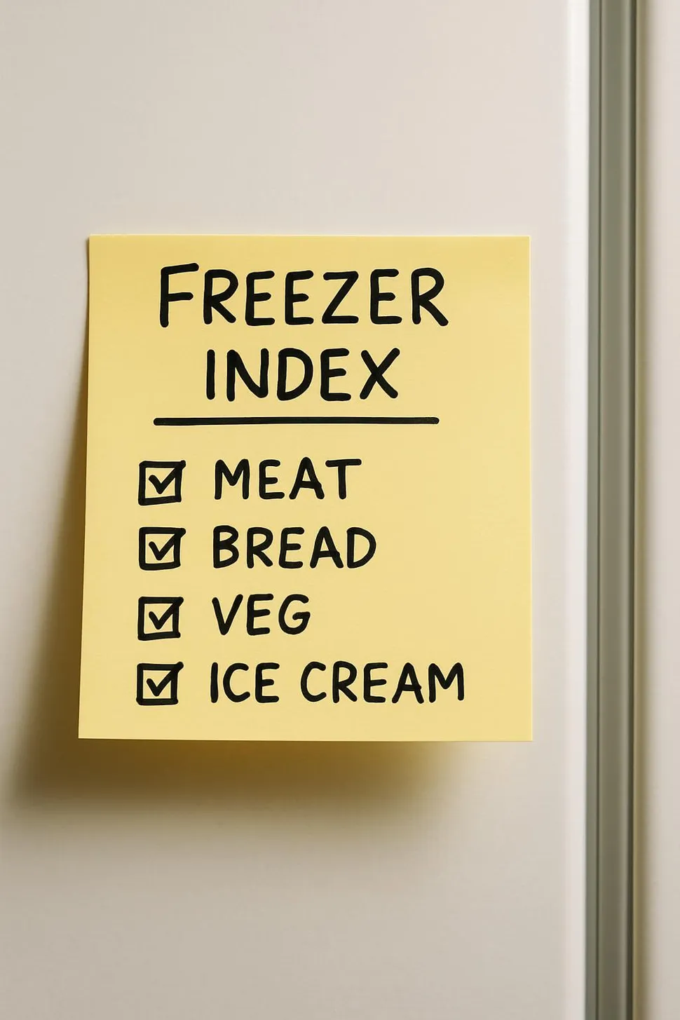 Freezer index checklist on a sticky note