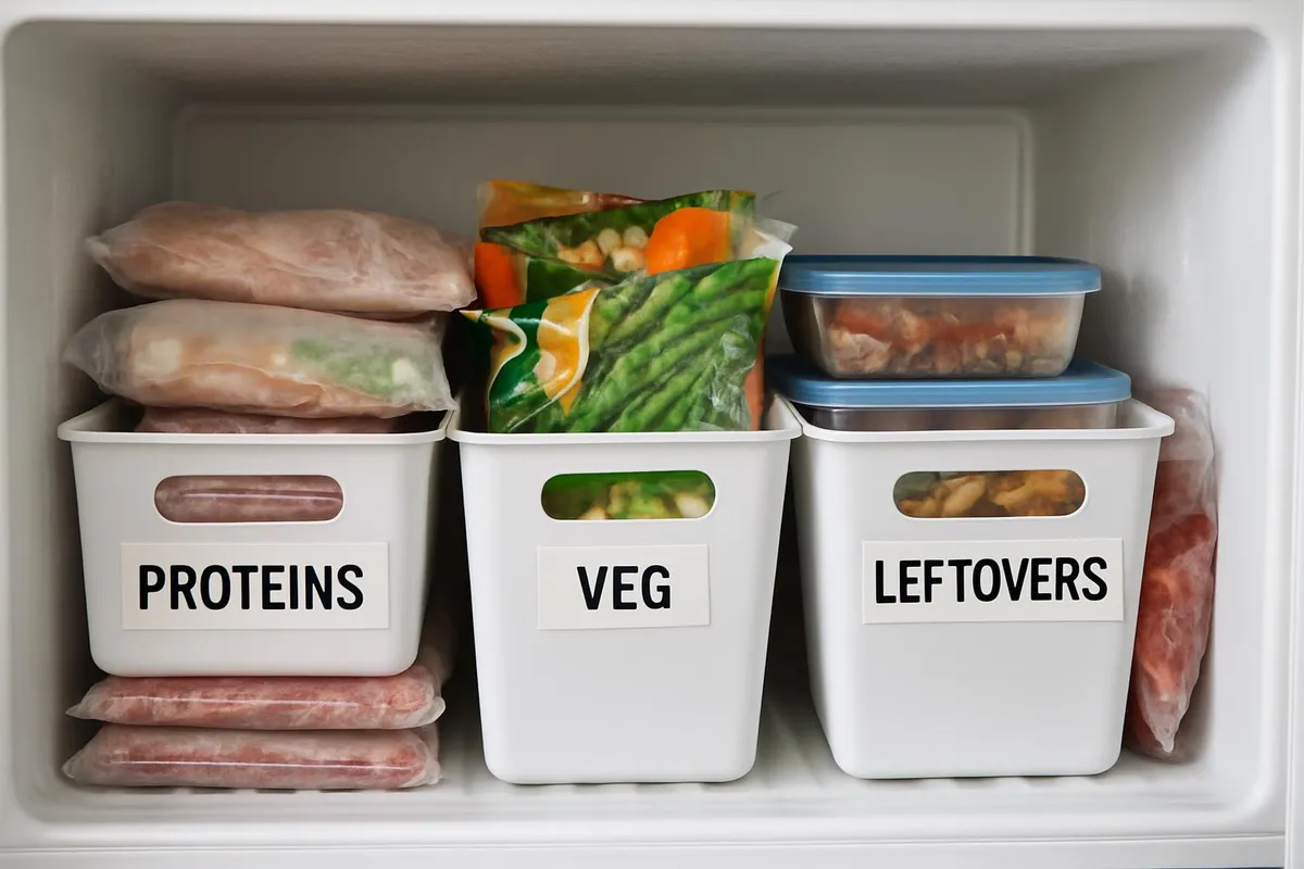 Freezer with proteins, veg, and leftovers assigned to labeled bins