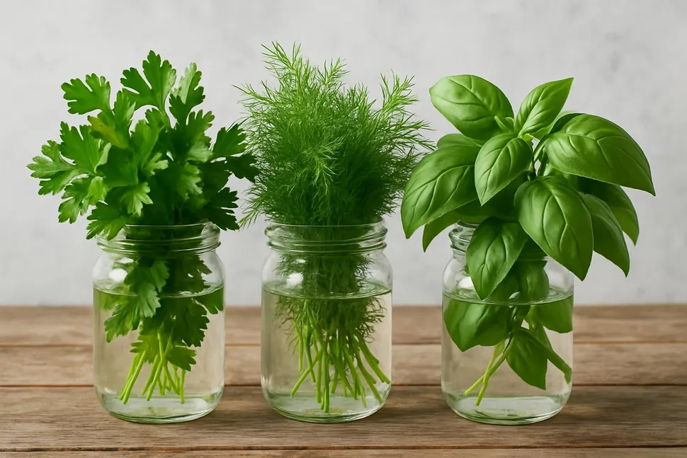 Fresh herbs stored in jars with water