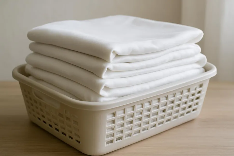 Freshly laundered white sheets folded in a laundry basket