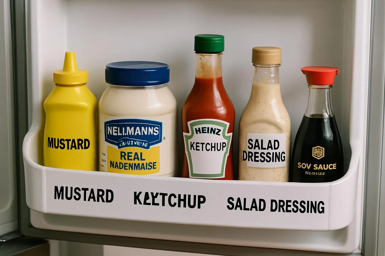 Fridge door lined with a small selection of clearly labeled condiments.