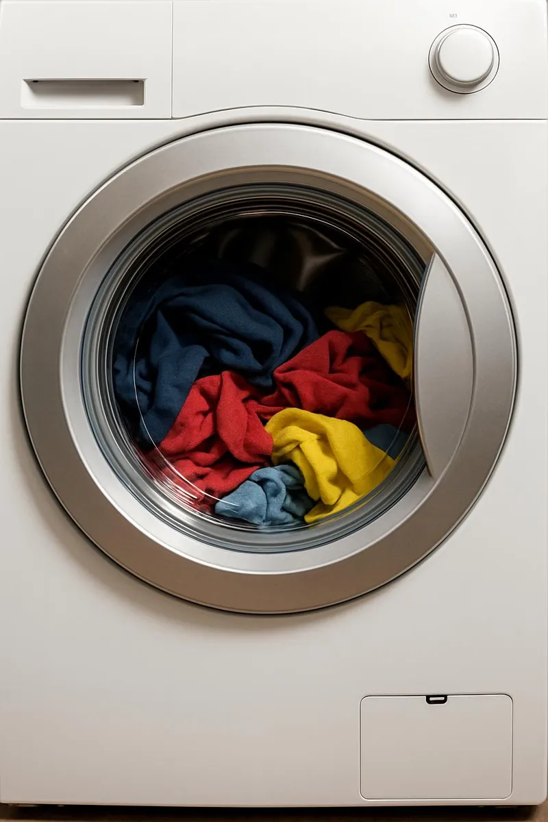 Front-load washing machine with visible clothes inside