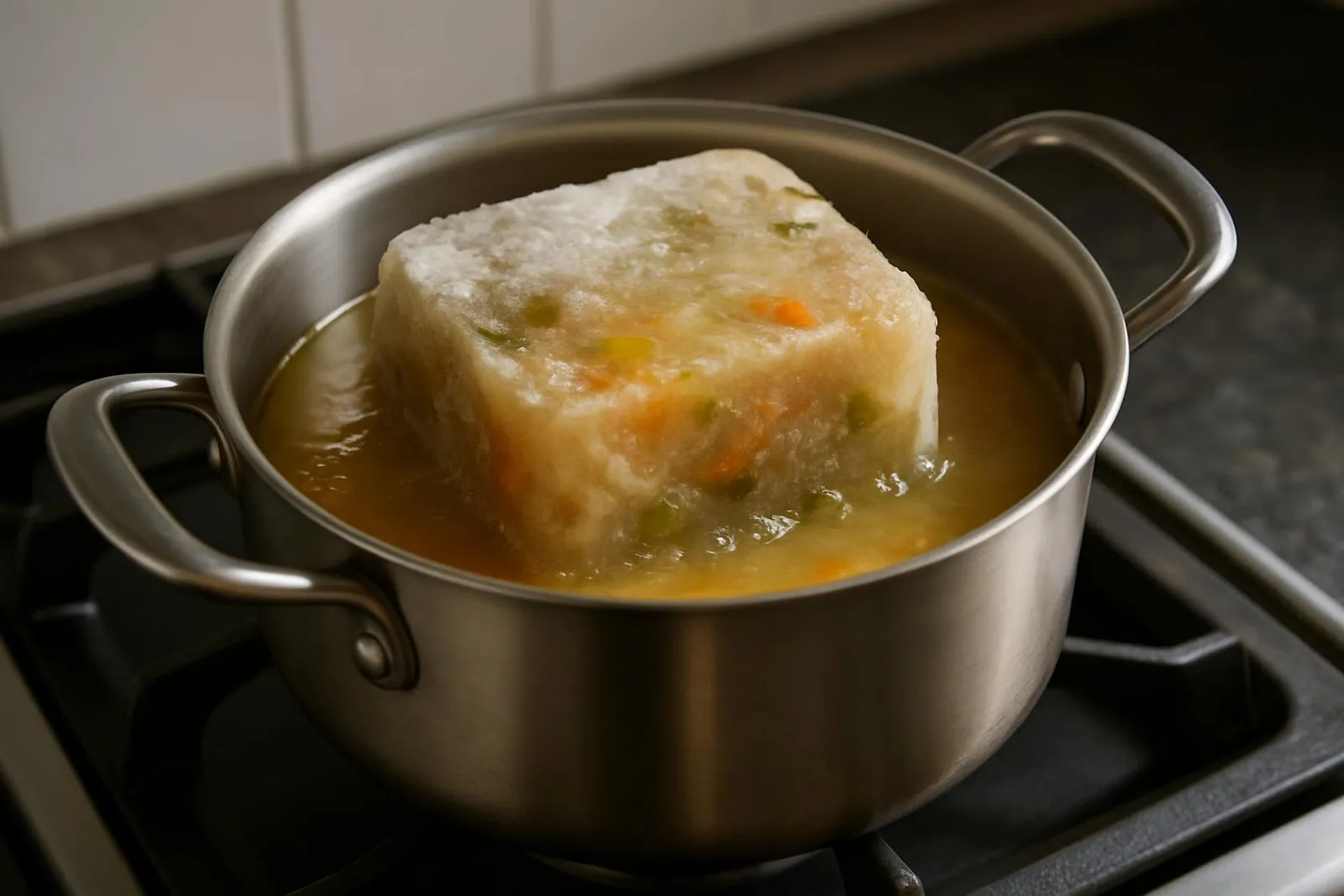 Frozen soup being reheated gently in a saucepan on the stove