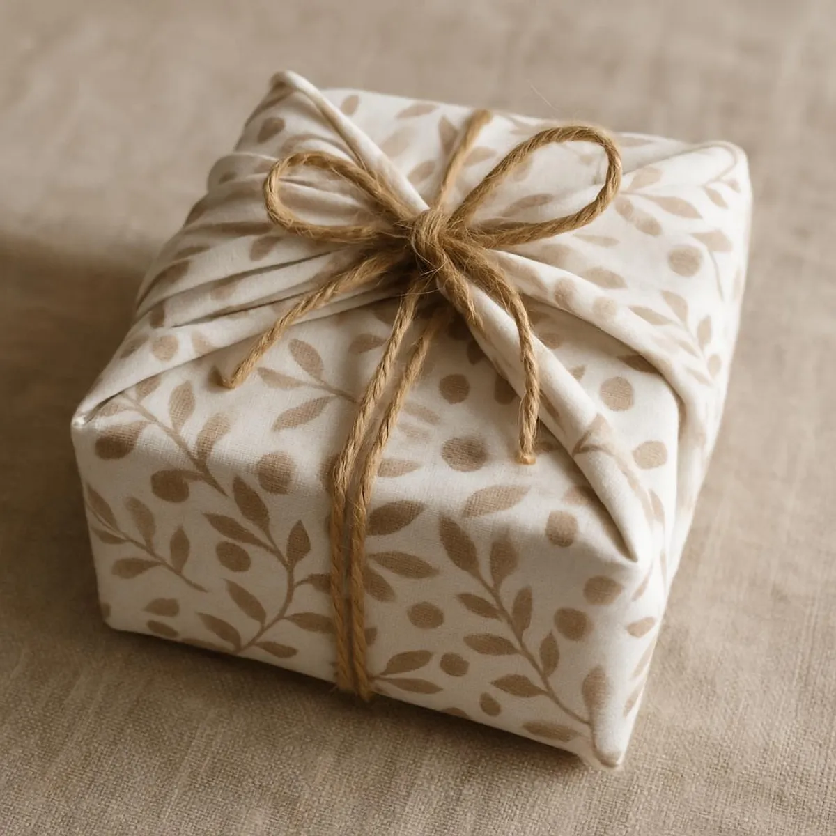 Furoshiki gift wrapping using a patterned cloth and natural twine