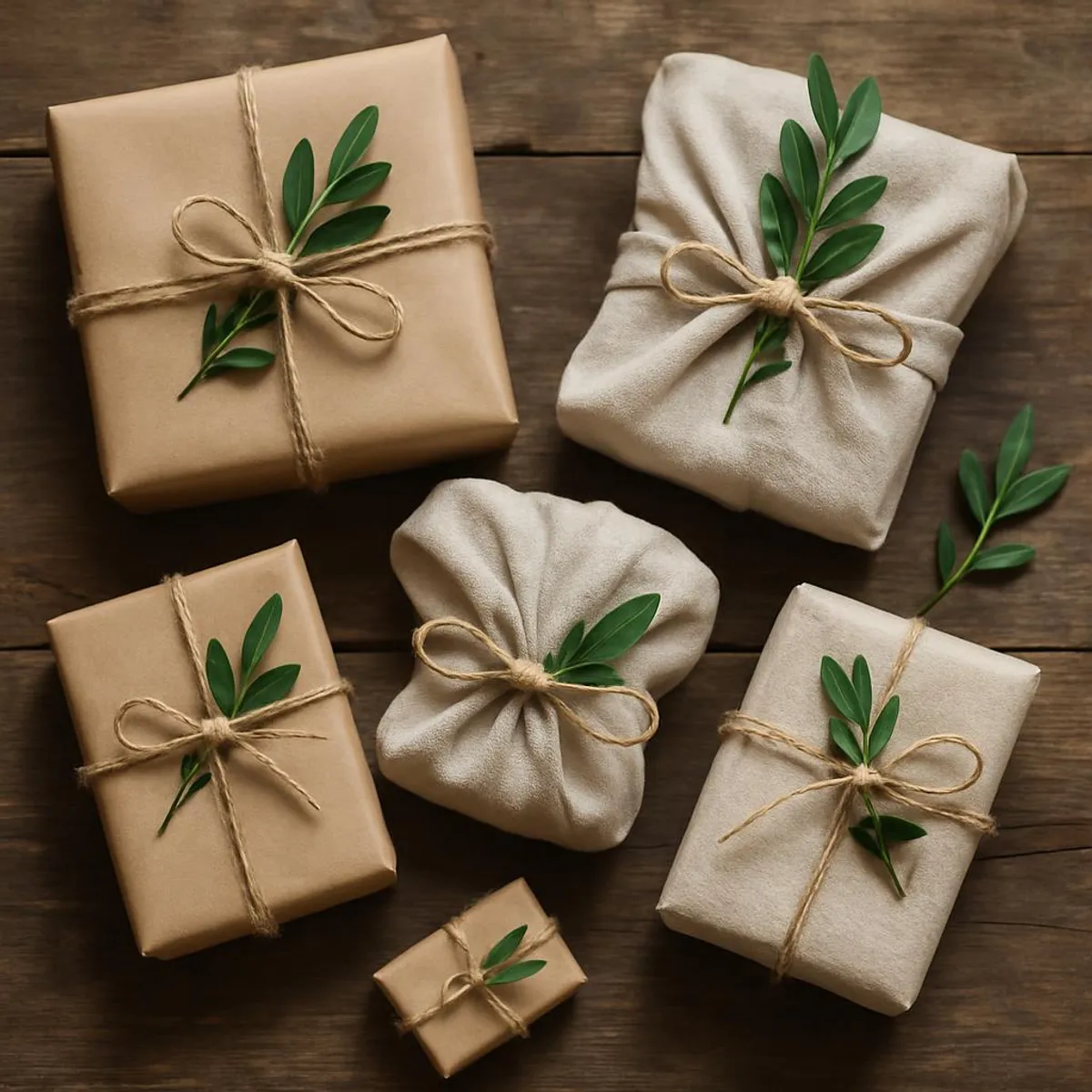 Gift boxes wrapped in kraft paper and fabric with natural twine and greenery