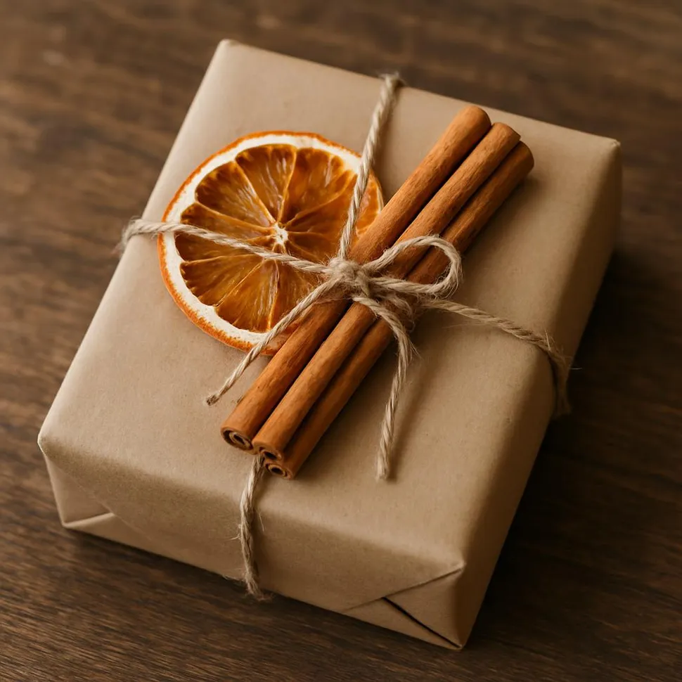 Gift decorated with dried orange and cinnamon bundle