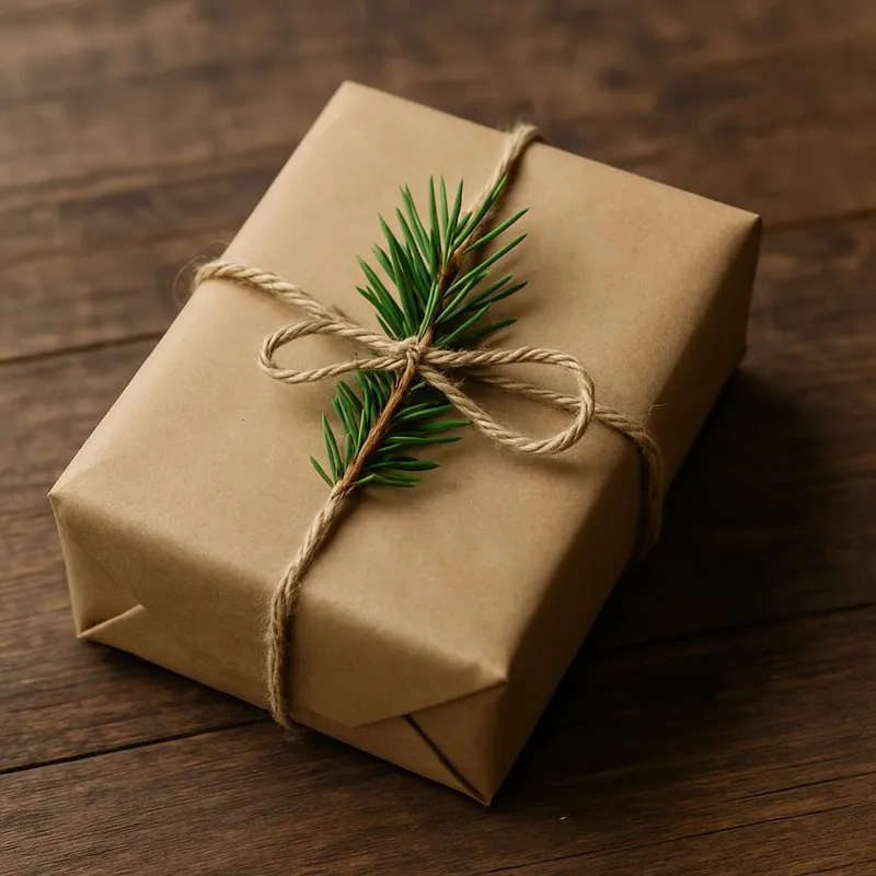 Gift wrapped in brown kraft paper, tied with natural twine and decorated with pine sprig