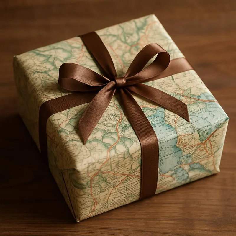 Gift wrapped in map paper with ribbon
