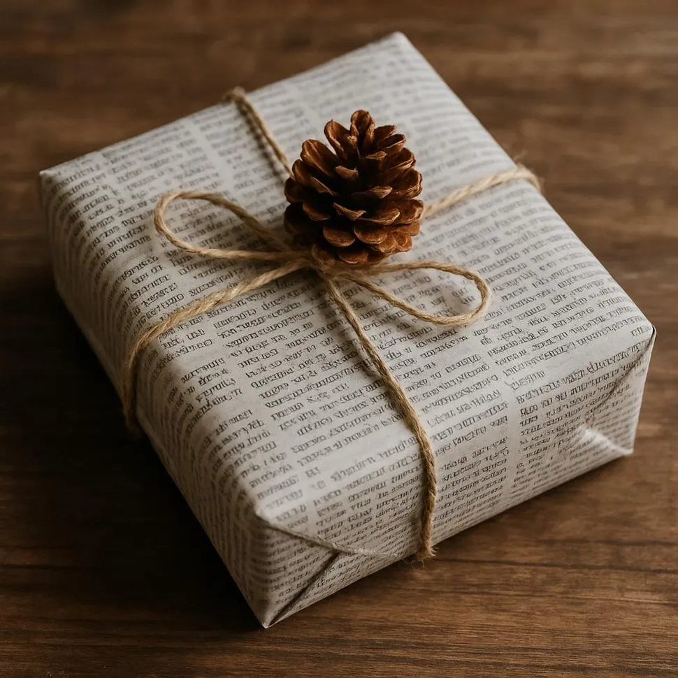 Gift wrapped in newspaper with string and pinecone