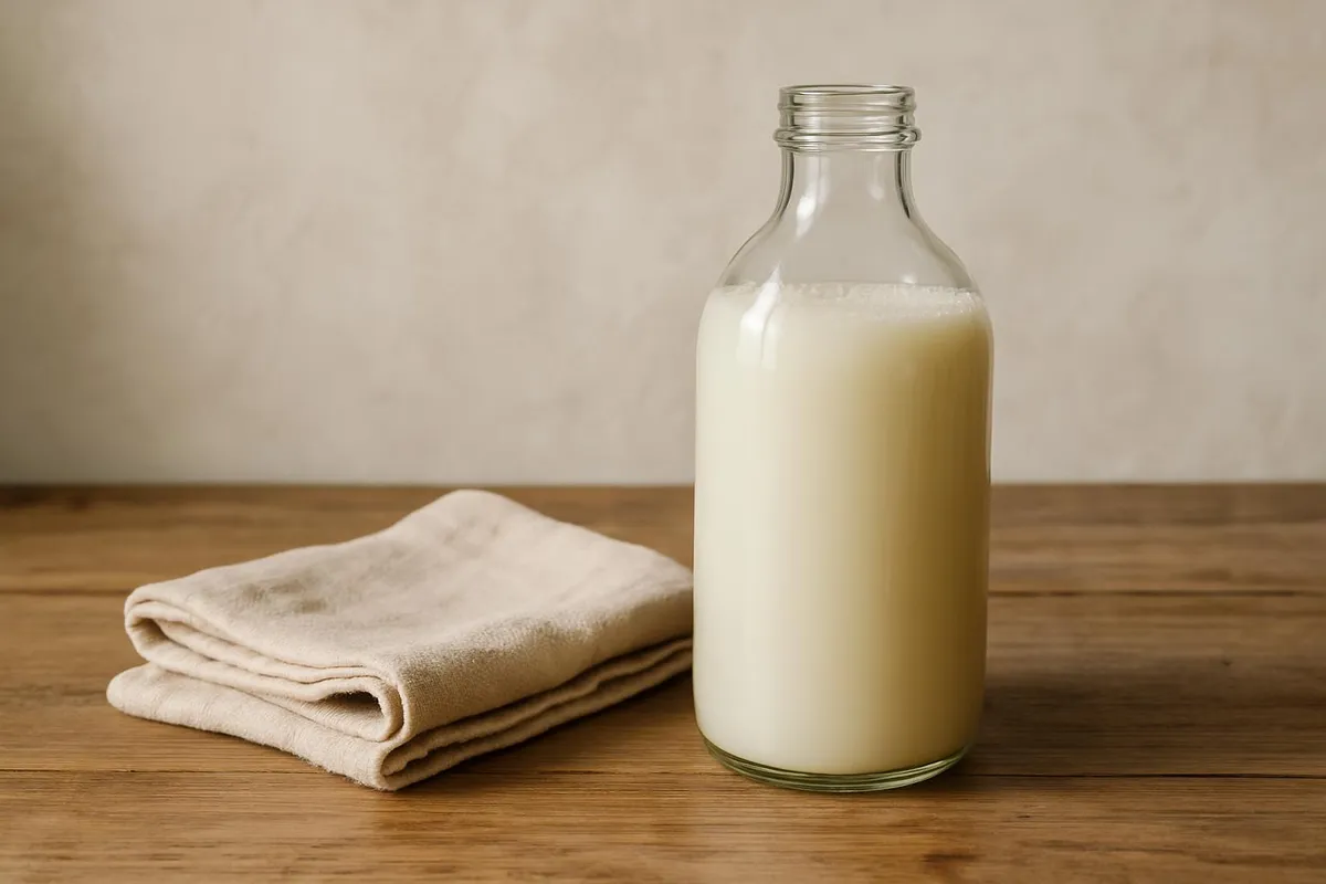 Glass bottle of gentle detergent and cloth on a wooden surface