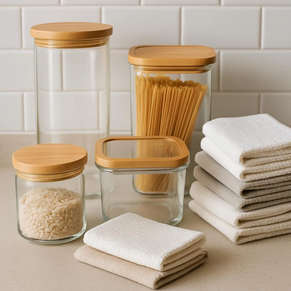 Glass containers and reusable cloths arranged neatly in a kitchen