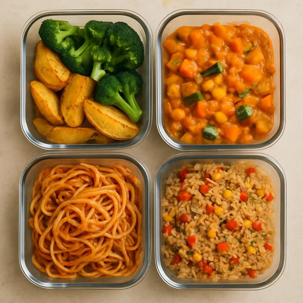 Glass containers filled with colorful leftovers