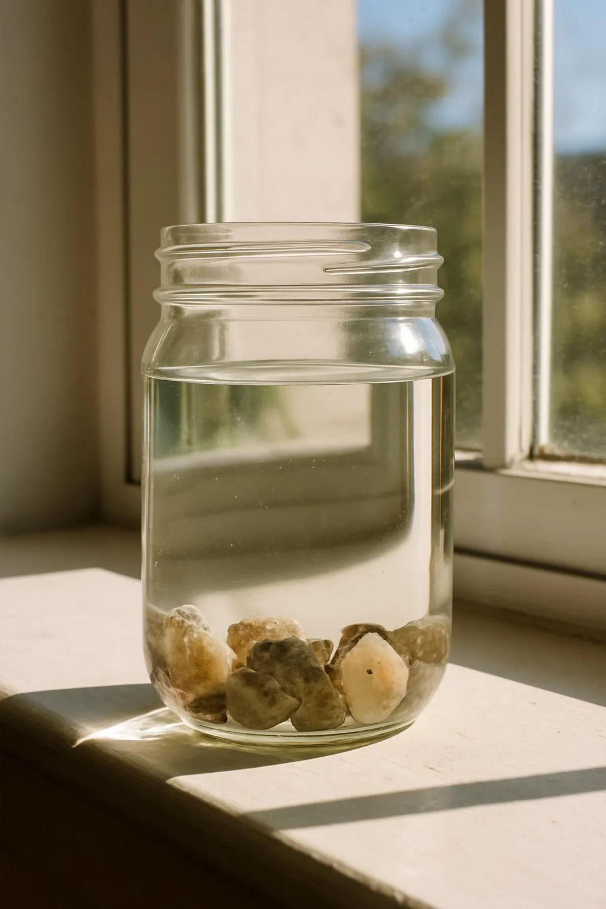 Glass jar of clear water with minerals, on a sunny windowsill