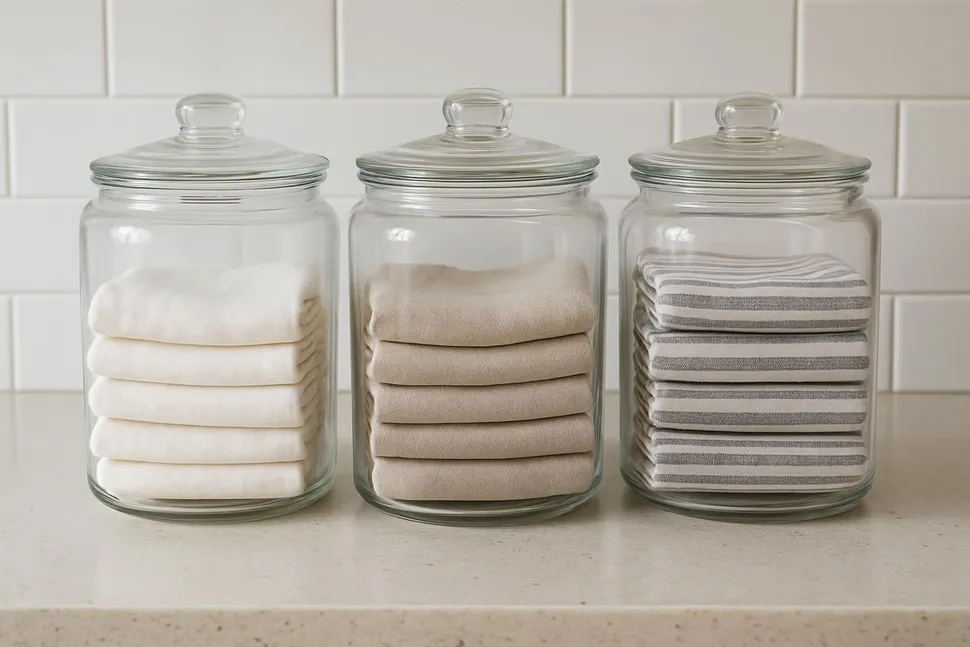 Glass jars holding folded cloths on a counter