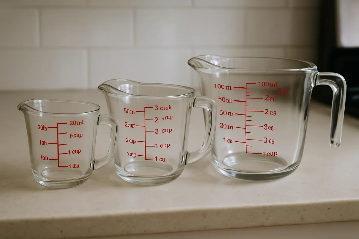 Glass measuring cups with red metric markings lined up on a kitchen countertop