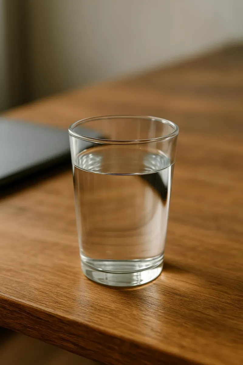 Glass of water on a wooden desk
