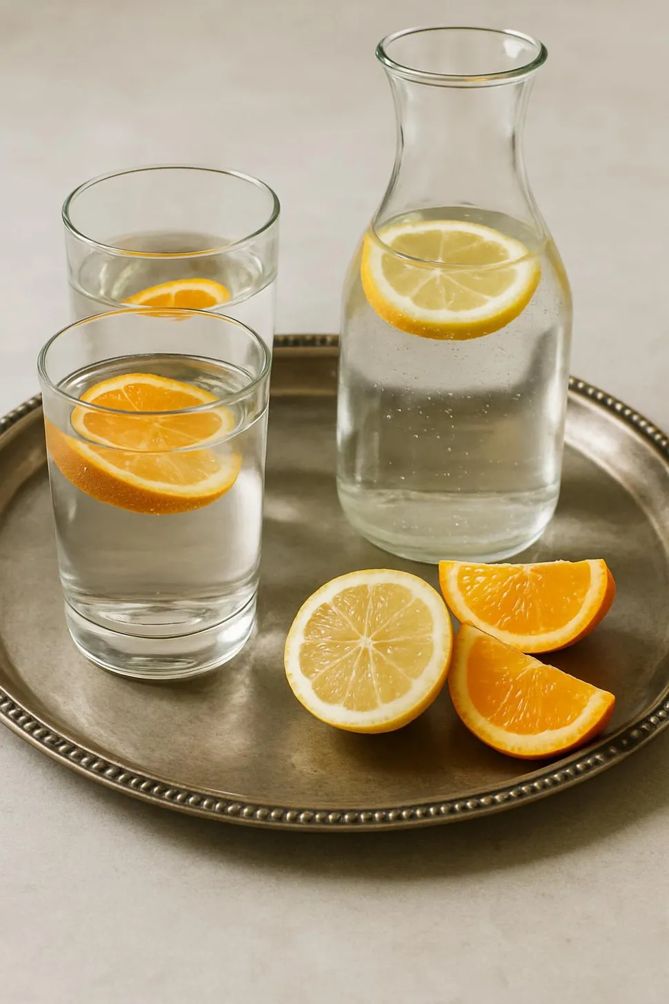 Glassware and carafe on a tray with citrus slices