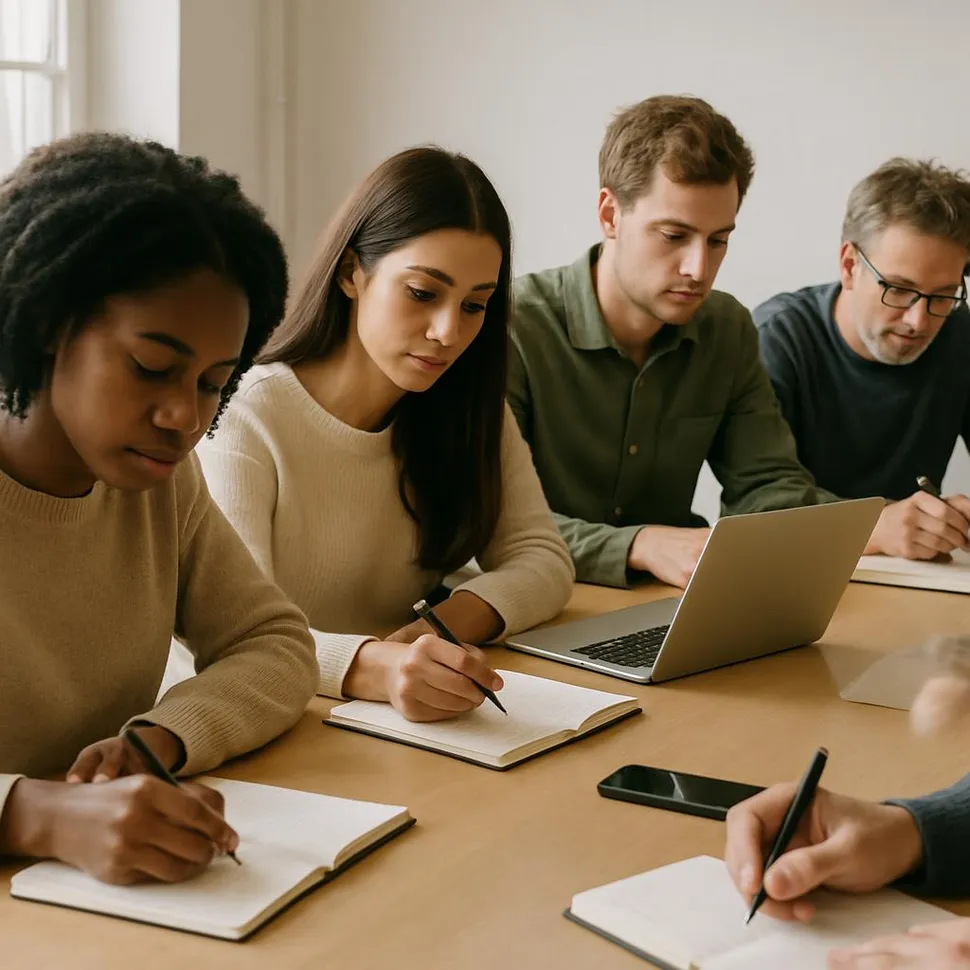 Group at a table working quietly with notebooks and devices