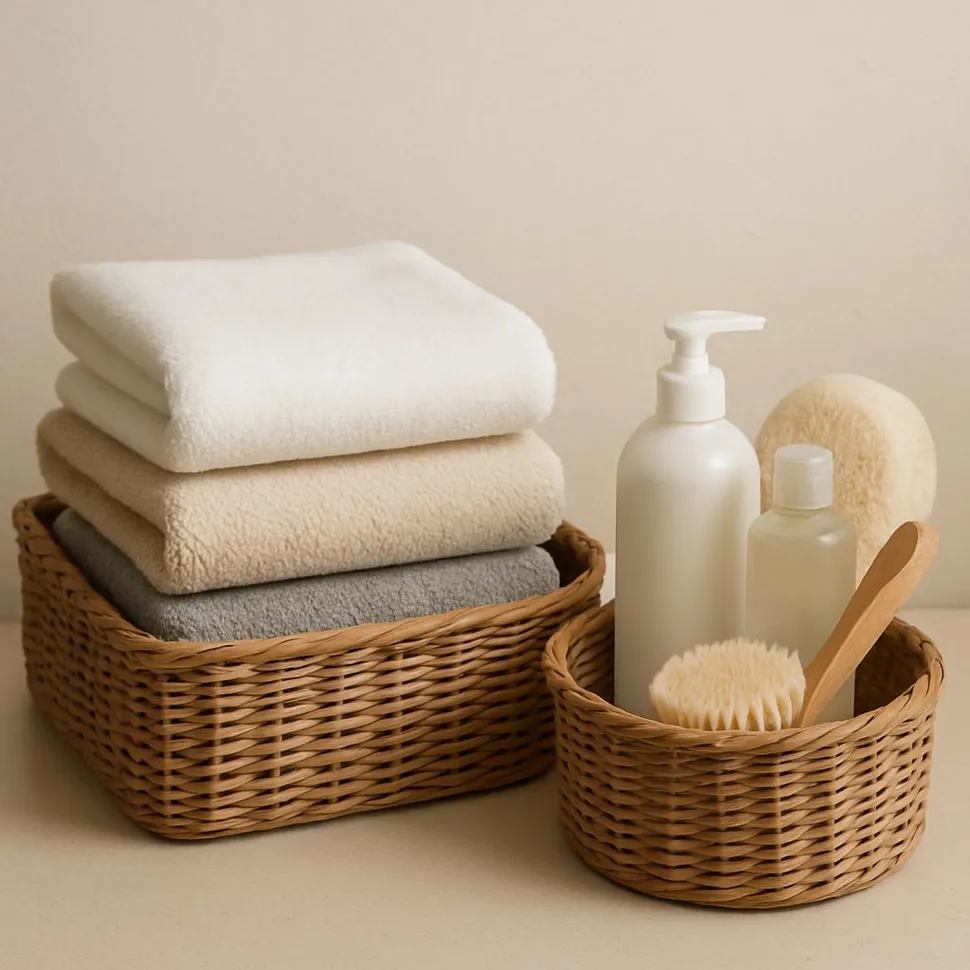 Grouped towels and toiletries in baskets