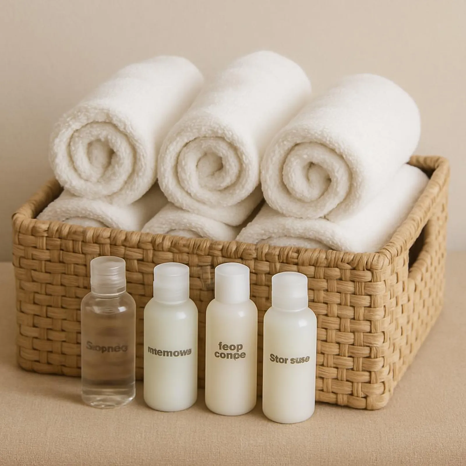 Guest-ready bin with neatly rolled towels and travel toiletries