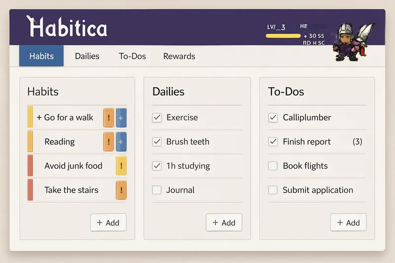 Habitica RPG interface with task lists