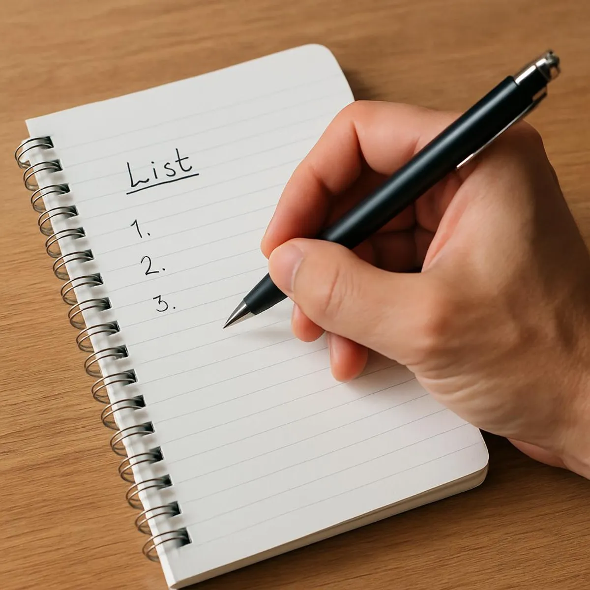 Hand holding a pen, writing a short list on a clean notepad