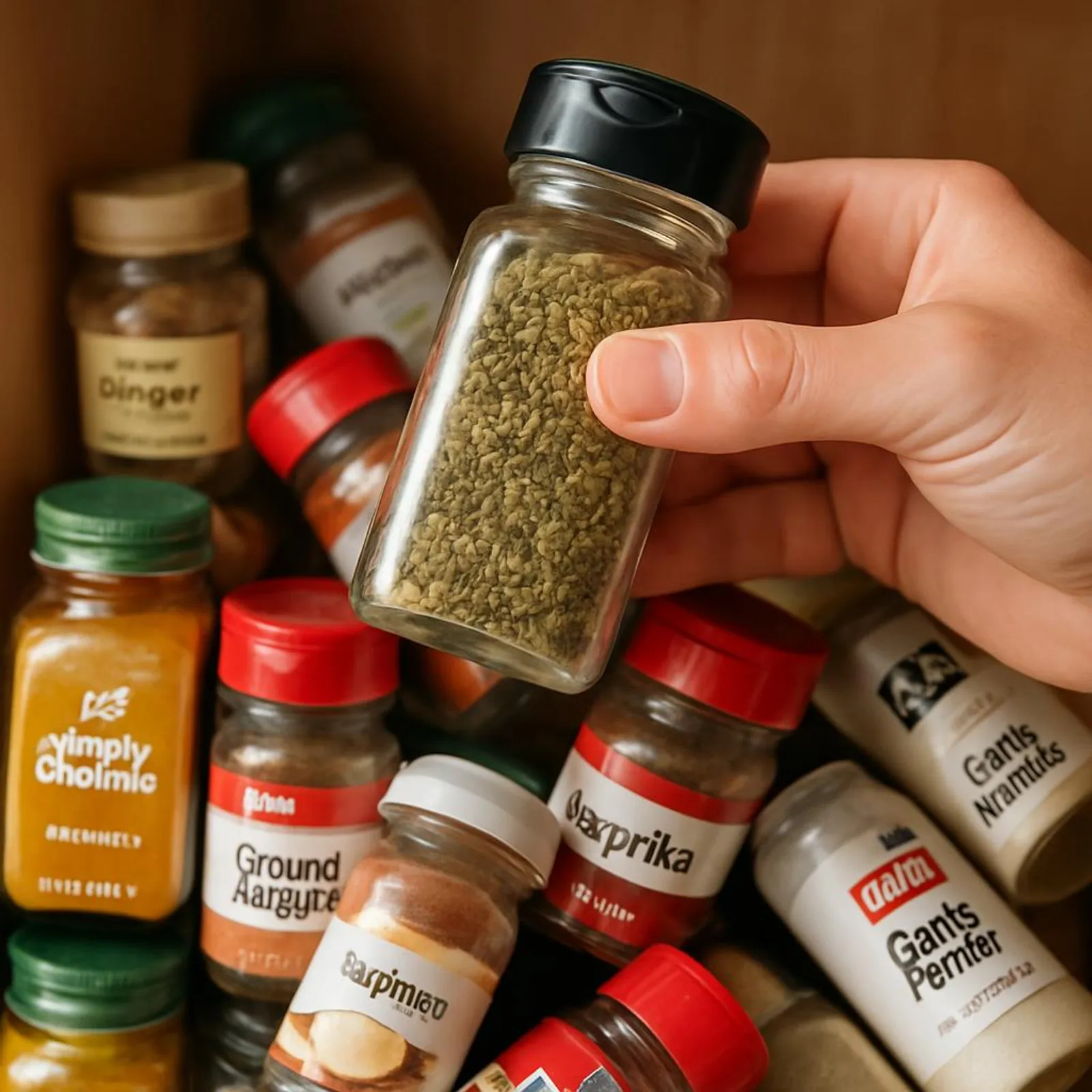 Hand holding a spice bottle over a messy stack of pantry spices