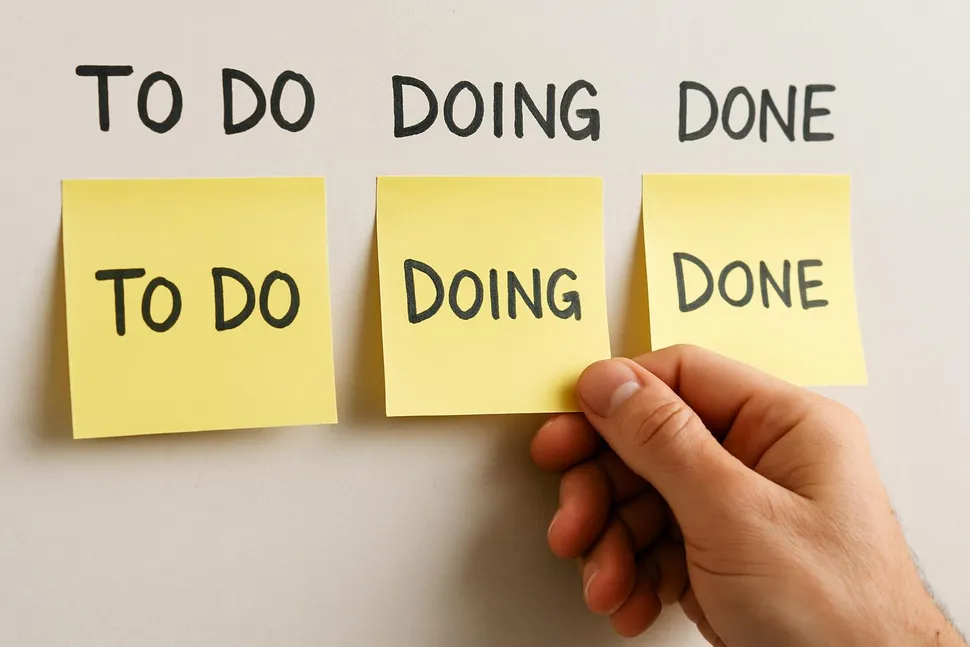Hand moving a sticky note from Doing to Done