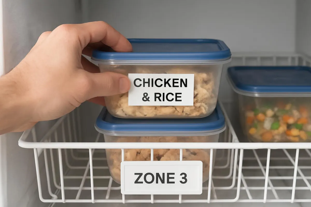 Hand placing a labeled meal into a back row of a zone-labeled freezer bin