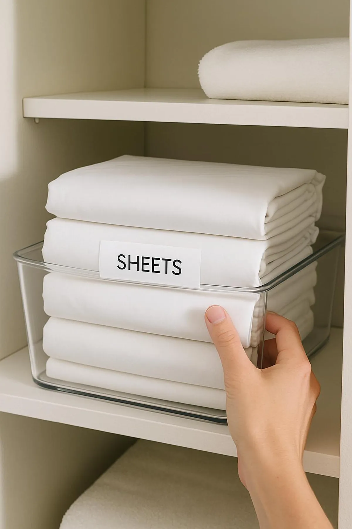 Hand placing a labeled sheet bundle into a clear bin on a closet shelf