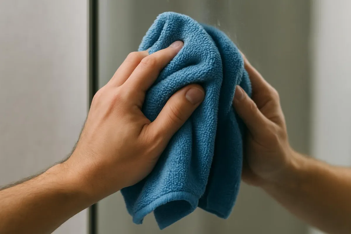 Hand polishing a mirror with a blue microfiber cloth