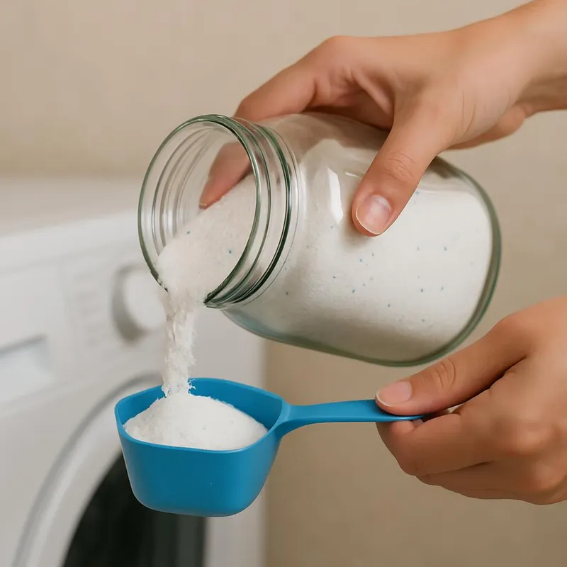 Hand pouring laundry detergent from a glass jar into a scoop