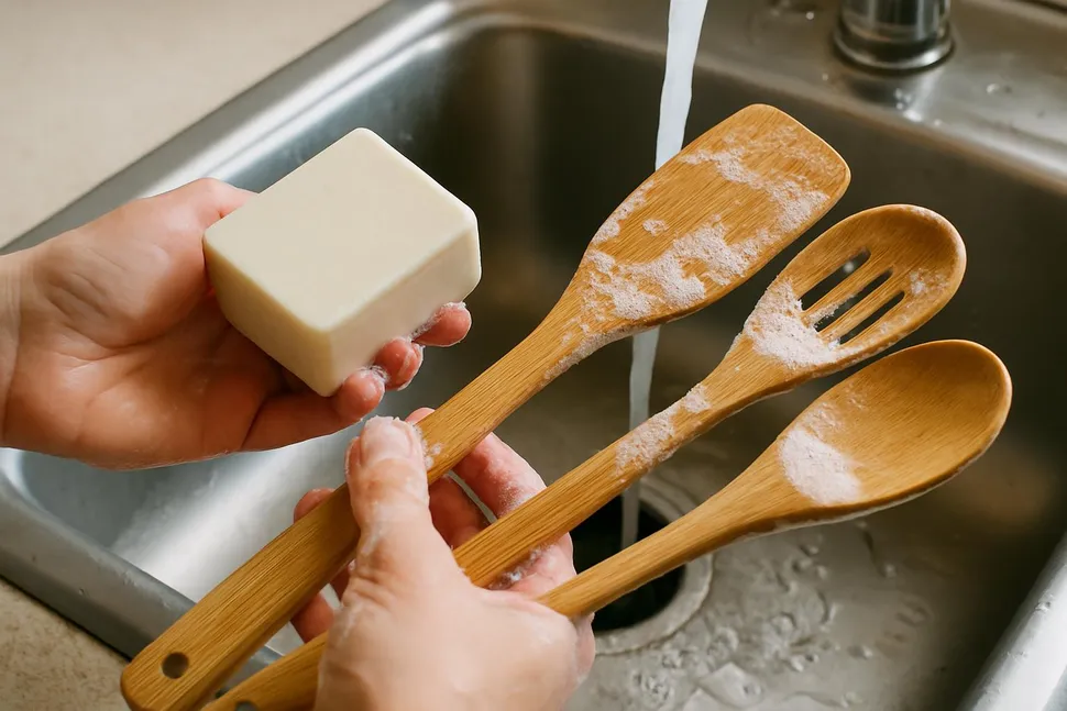 Hand washing bamboo kitchen utensils with a sustainable dish soap block