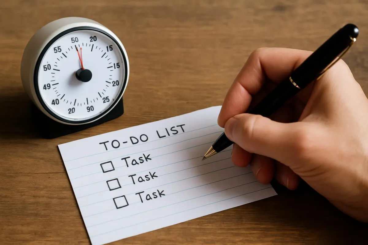 Hand writing a simple to-do list on an index card next to a timer