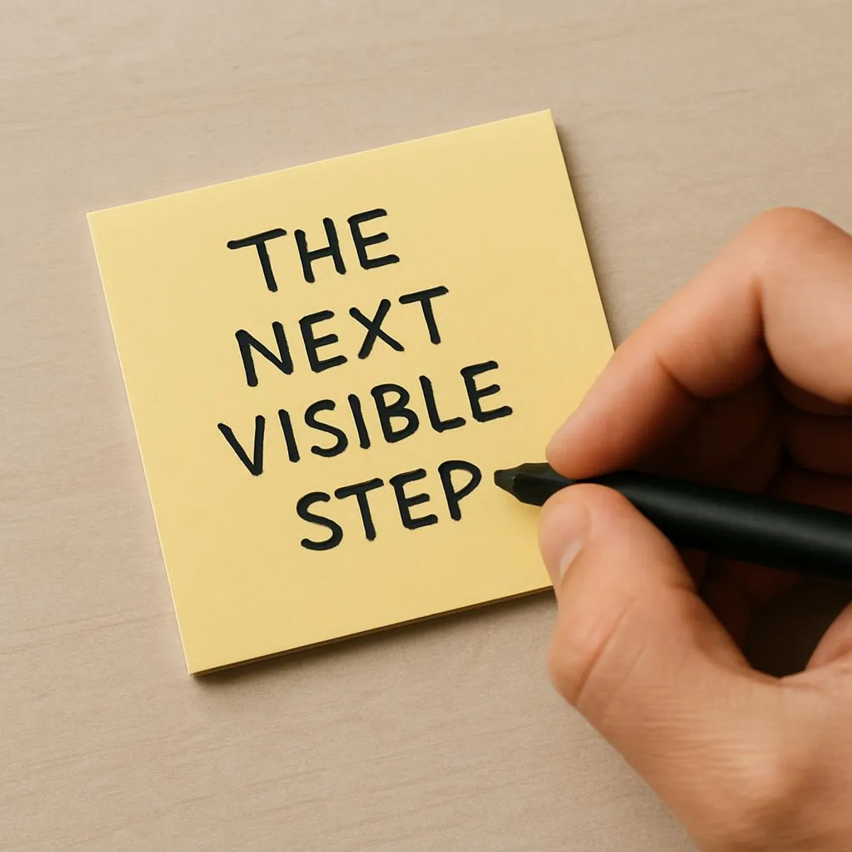Hand writing the next visible step on a sticky note