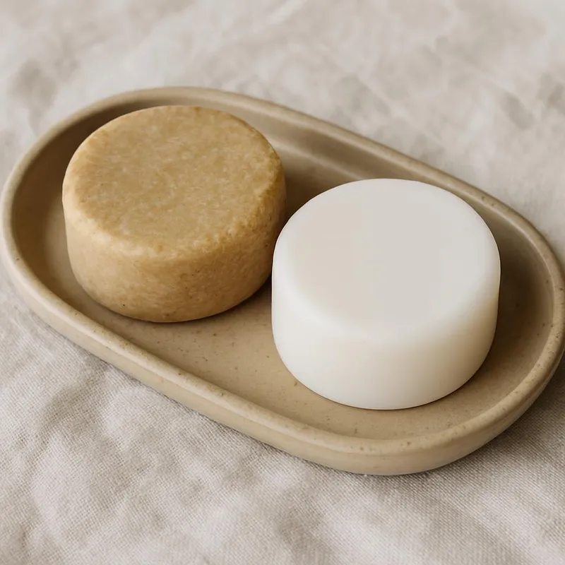 Handmade shampoo and conditioner bars on tray