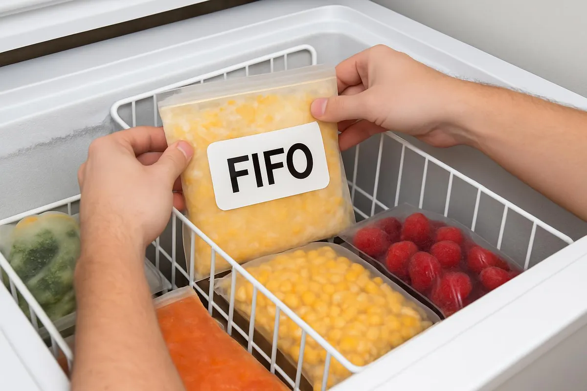 Hands adding a labeled item to the back of a freezer bin to maintain FIFO