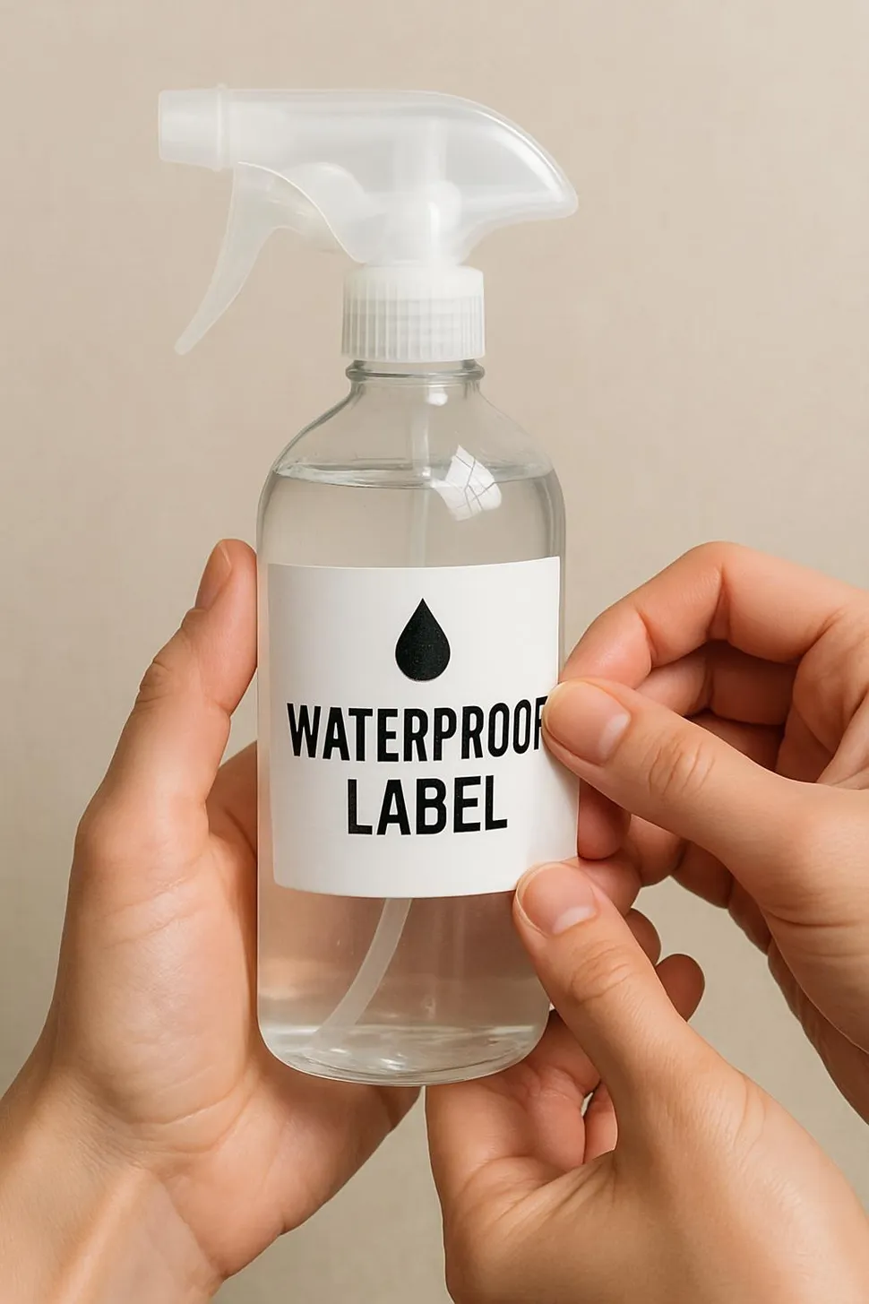 Hands applying a waterproof label to a spray bottle