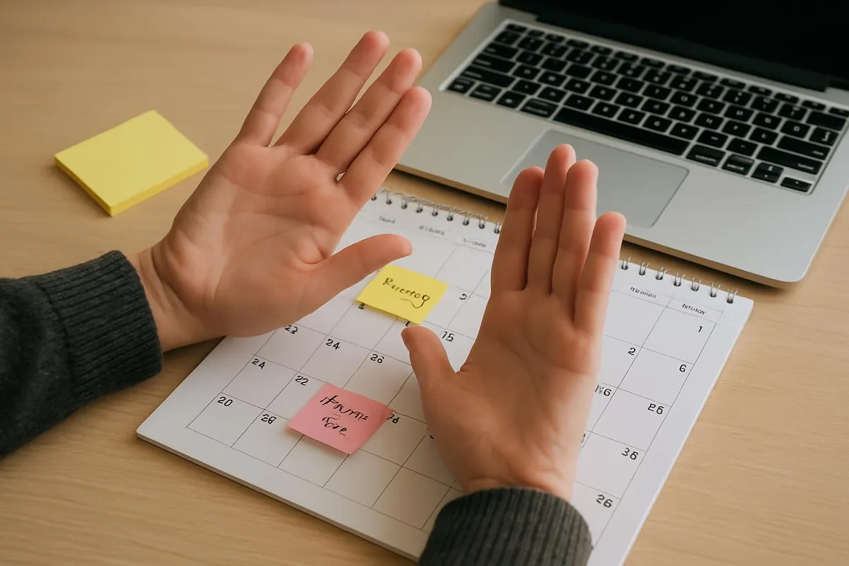 Hands blocking time on a calendar with post-it notes and a laptop